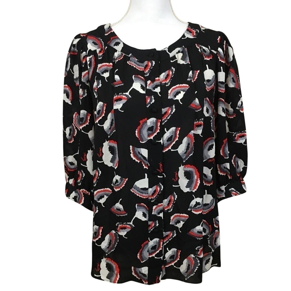 Milly Of New York Black Floral Silk Poppy Blouse Size 8